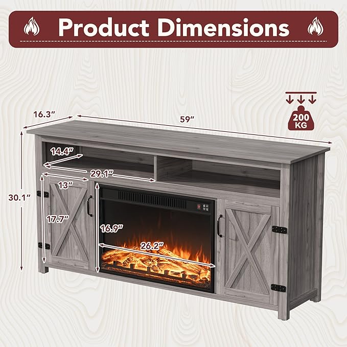 JUMMICO Fireplace TV Stand for TVs Up to 65+ Inch Entertainment Center with Open Storage Shelves and Side Cabinets, Media Console Table with Barn Doors for Living Room (Grey)