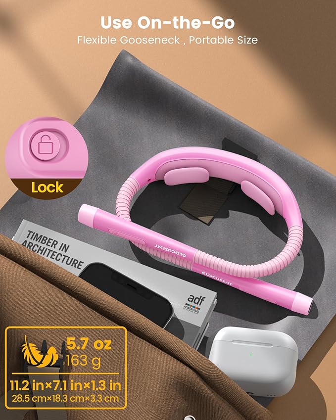 Glocusent Ergonomic Reading Light, 1600mAh Rechargeable Book Light for 100 Hrs - 3 Colors & 5 Brightness, Neck Light with Timers, Sleep Aid & Travel Lock, Perfect for Reading, Knitting & Craft