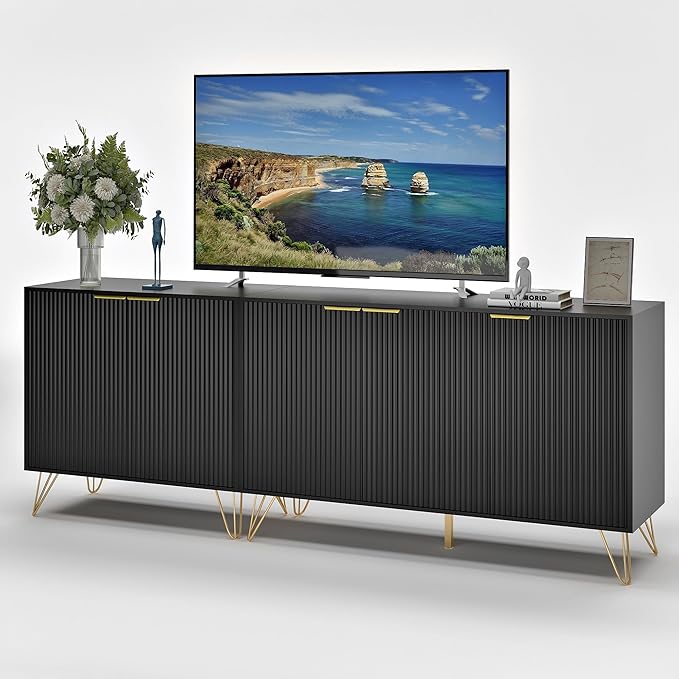 TV Stand for 75 inch TV Modern Entertainment Center Cabinet with 5 Doors Wood Media Console Storage Cabinets for Living Room Bedroom, Black