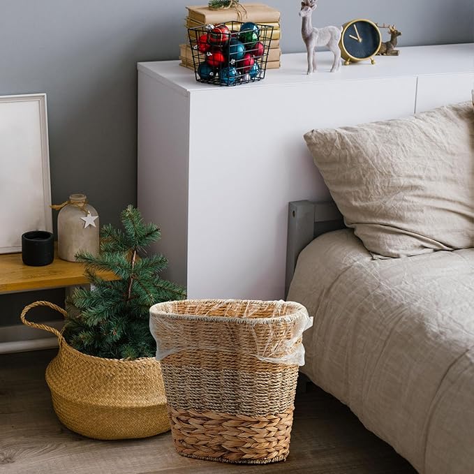 2 Pcs Wicker Trash Can with 50 Small Trash Bag Wicker Waste Woven Basket with Handles Clear Multi Use Garbage Bags for Bathroom Kitchen Bedroom