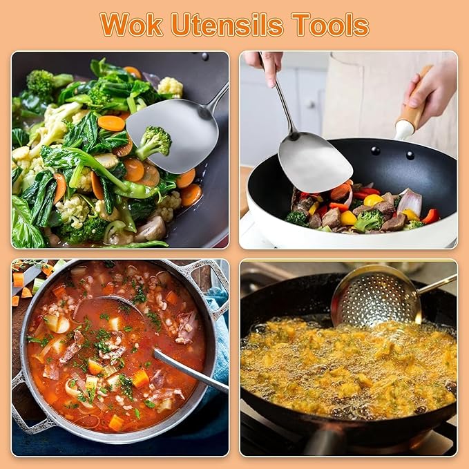 FJNATINH Skimmer Ladle, 15.4inches spatula for wok, 304 Stainless Steel wok spatula,Wooden Handle