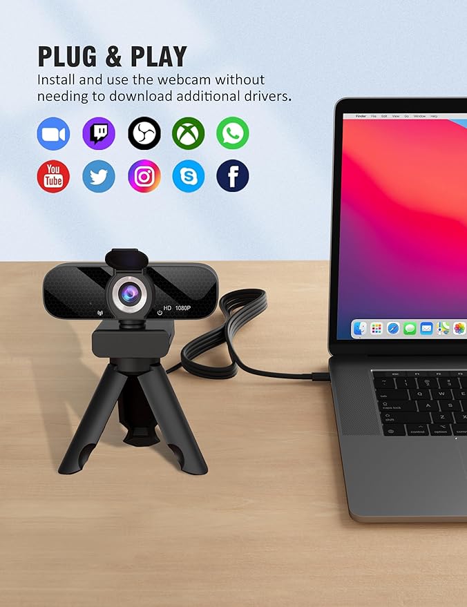 Full HD Webcam with Built-in Microphone and Rotatable Tripod, 1080P Video and Wide Angle Camera, Privacy Cover, for Desktop PC or Laptop Computer