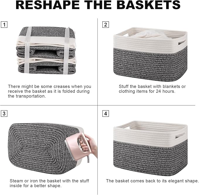 4 Pack Storage Baskets for Organizing, Woven Baskets for Shelves - Perfect for Toys, Books, Towels, and Clothes, Durable Gift Basket Bins Toy Storage, 13''Lx9''Wx7.8''H, Black & White