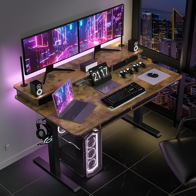 55 * 30 Inches Electric Standing Widened Desk Adjustable Height with 4 Drawers, Double Storage Shelves Stand Up Desk, Home Office Workstation Sit Stand up Desk (Rustic Brown)