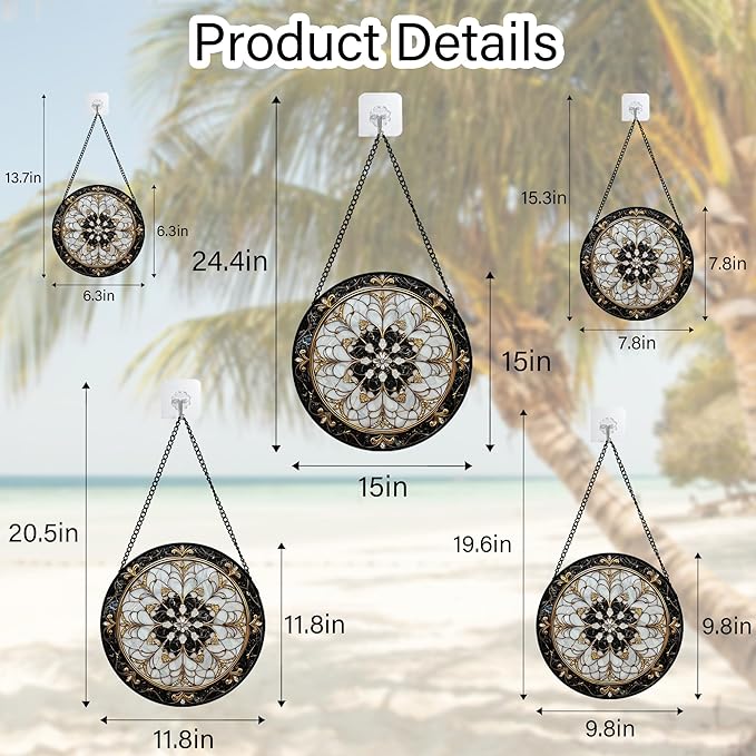 Stained Glass Window Hanging, Black and White Gold Boho Pattern Suncatcher for Doors Window Home Abstract Flower Sun Catchers Decor Mother's Day Birthday Gifts for Women, Men Mom 15 in