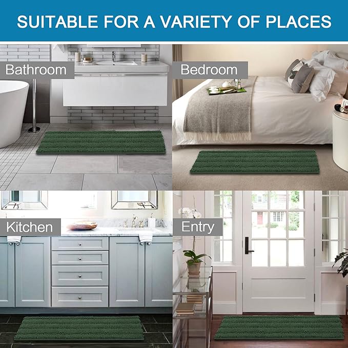 H.VERSAILTEX Bath Rugs for Bathroom Non Slip Bath Mats Extra Thick Chenille Striped Bath Rug Runners 47" x 17" Absorbent Fluffy Soft Shaggy Mats Dry Fast Plush Area Carpet for Bath Room - Bronze Green