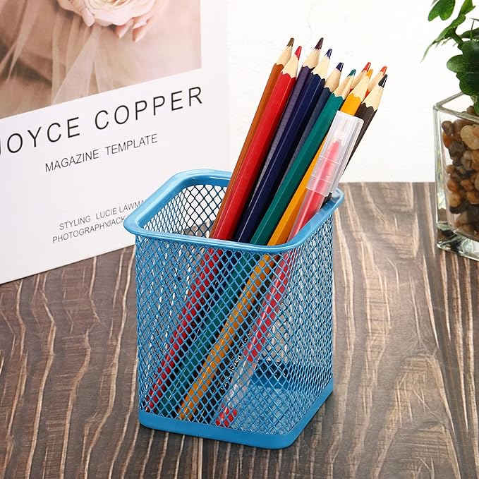 PATIKIL Mesh Pen Holder, Pencil Holder Pencil Basket Pen Cup Locker Organizer Square Makeup Brush Holder for Desk Accessories, Blue