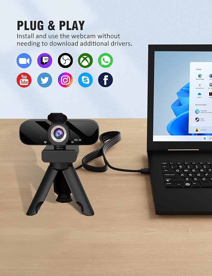 Full HD Webcam with Built-in Microphone and Rotatable Tripod, 4K Video and Wide Angle Camera, Privacy Cover, for Desktop PC or Laptop Computer