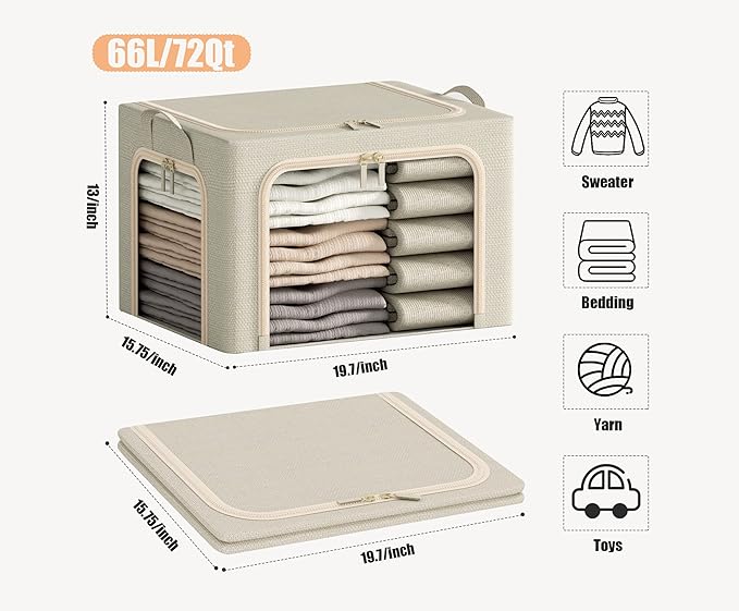 3 Opeings Large Clothes Storage Bins with Metal Frame, Foldable Storage Bin for Clothes, Clothing Storage Bins with Lid, Linen Storage Box With Clear Window& Zippers& Durable Handles.(3 Pcs,Beige,66L)