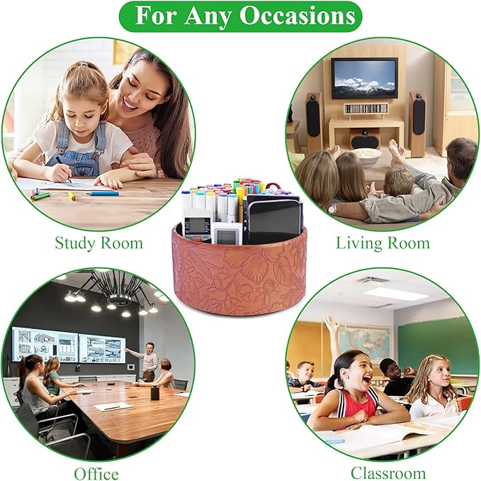 Hennaja Remote Control Holder, 360°Spinning PU Leather Desk TV Remote Caddy,Desk Storage Box Room Accessories for Controller, Media,Mail,Calculator, Mobile Phone,Pencil(1-Carved Brown)