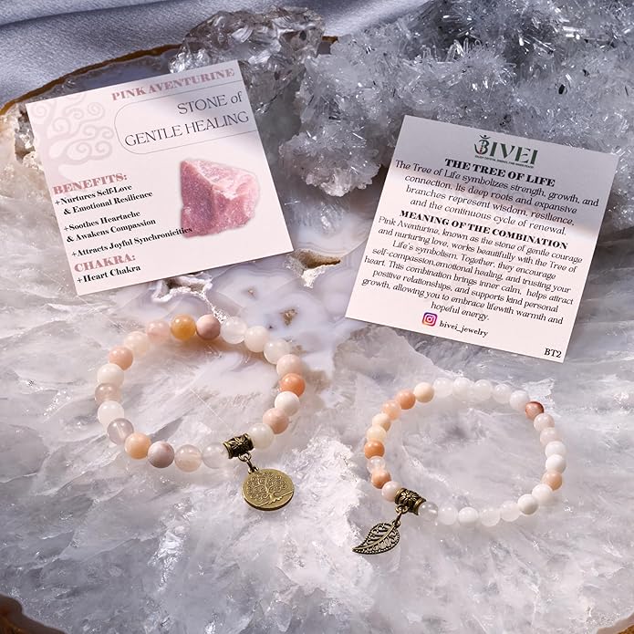 Bivei Natural Semi Precious Gemstone beads bracelet for women - Life Tree and Leaf Charm Energy Reiki Crystal Stretch Bracelets