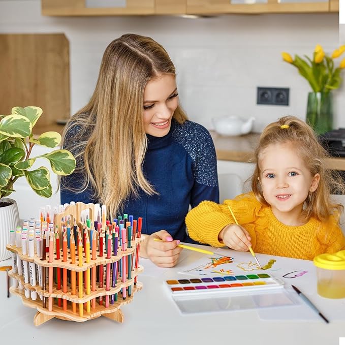 Peohud Wooden Pen Holder, 124 Slots Rotating Pencil Display Stand, Portable Paint Brush Organizer for Colored Pencils, Watercolor Brushes, Art Brushes, Office, Desktop