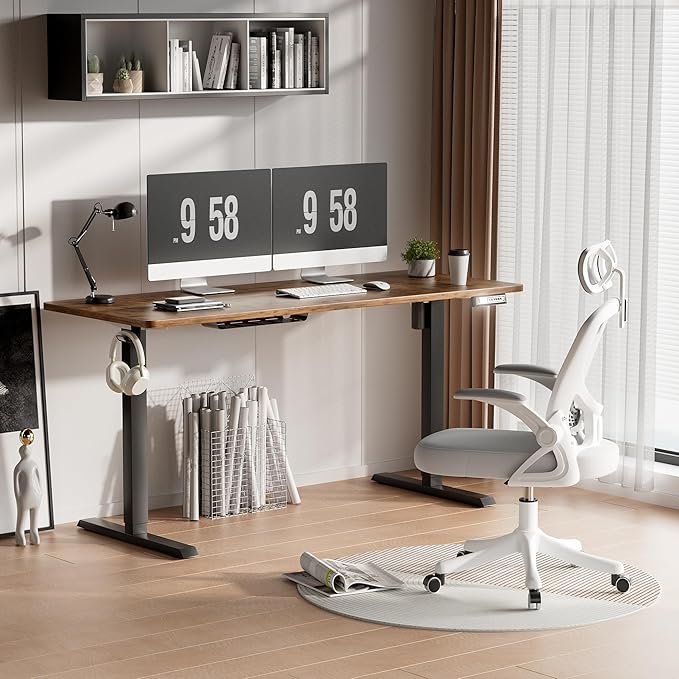 Furmax Electric Standing Desk, 59 x 24 Inches Height Adjustable Desk with Wheels, Home Office Computer Desk with Management Box (Brown)