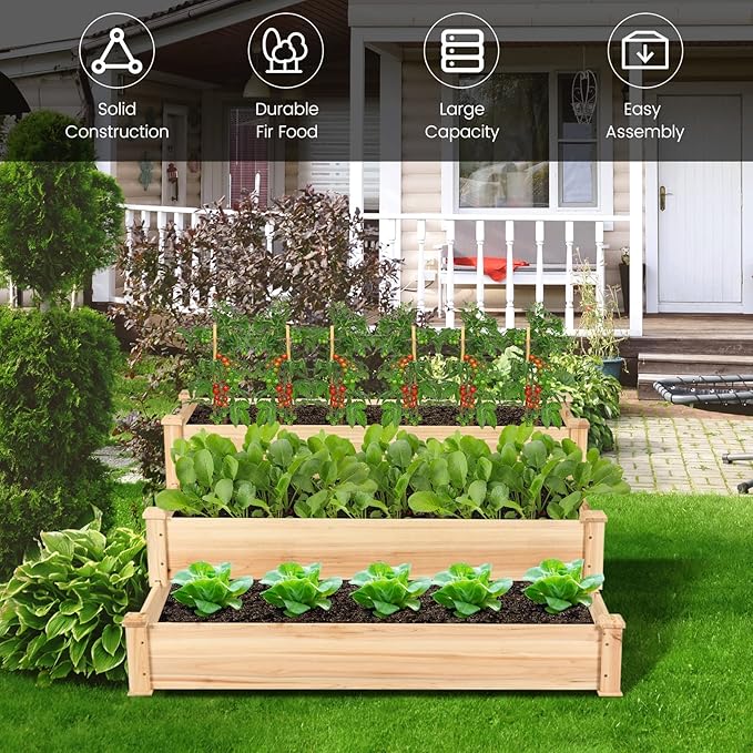 COSTWAY 3-Tier Raised Garden Bed, Wooden Elevated Planter Box for Vegetables Flowers Herbs Fruits, Outdoor Growing Planter Box Stand for Garden, Backyard, Patio, Balcony