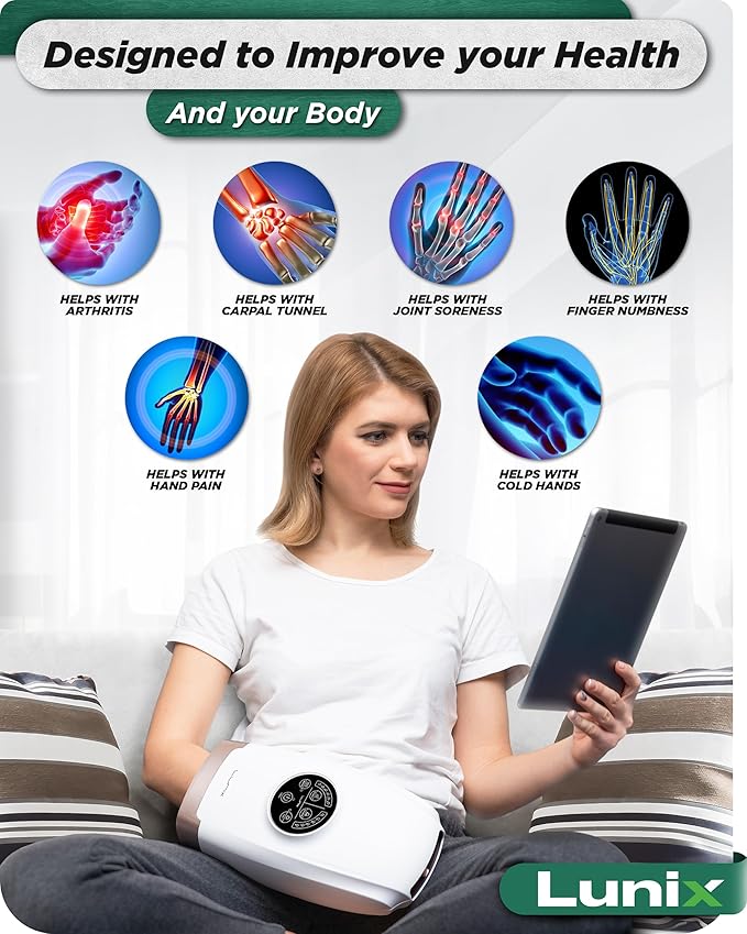 Lunix LX3 Hand Massager, Shiatsu Hand Massage Machine with Heat and Compression, 6 Levels Pressure Point Therapy for Arthritis, Carpal Tunnel, and Finger Numbness, Pain Relief