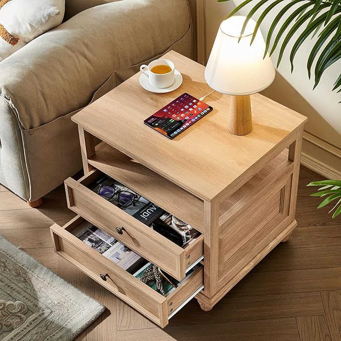 24" Wide Farmhouse Night Stand,Large End Table with 2 Drawers & Metal Handle,Wood Dresser for Bedroom, Natural Bed Side Table Chest of Drawers Cabinet,Nightstand for Living Room,Closet