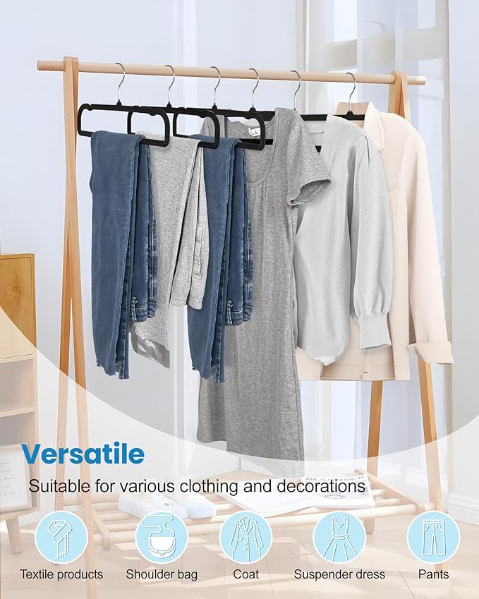 HGYZE Velvet Pants Hangers with Non Slip Bar, 20 Pack Felt Trouser Hanger, Perchas Terciopelo, Percha para Pantalones with 360° Swivel Hook for Spaghetti Strap Dresses, Shorts, Jeans, Slack, Black