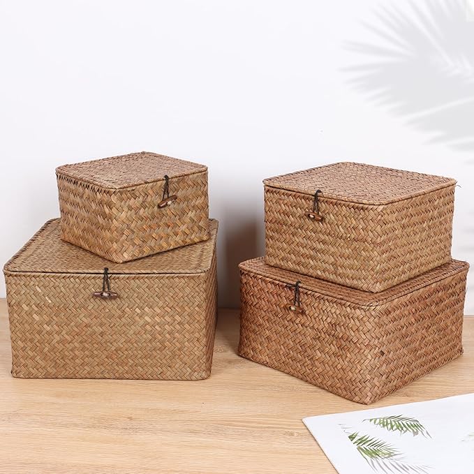 Wicker Shelf Baskets with Lid, Handwoven Seagrass Storage Basket Bins Square Gift Boxes for Shelves Home Decor Organizer (Coffee, Medium)