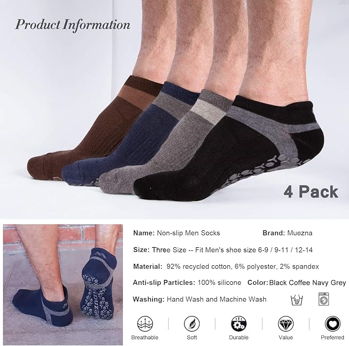 Muezna Men's Non-Slip Yoga Socks, Anti-Skid Pilates, Barre, Bikram Fitness Hospital Slipper Socks with Grips