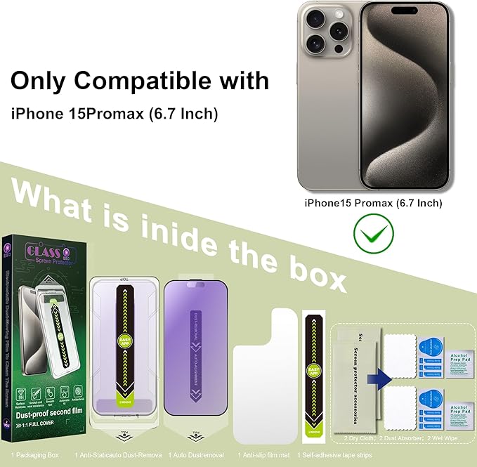 (2-Pack Anti Blue Light Matte Screen Protector for iPhone 15 Pro Max (6.7-Inch),9H Tempered Glass,Anti-Glare,Full Coverage,Anti-Fingerprint,Auto Dust Removal,Bubble-Free