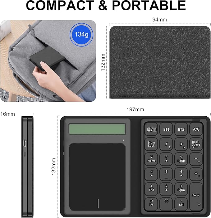 Bluetooth Number Pad Touchpad with Calculator - Rechargeable Folding Portable Wireless Numeric Keypad 23-Keys, Large Trackpad Bluetooth Travel Numpad Data Entry & Calculation & Trackpad Mouse 3 in 1