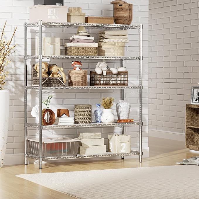 Storage Shelves Heavy Duty, 45" W x 20" D x 72" H Garage Wire Shelving Unit Loads 2000LBS, 5-Tier Adjustable Metal Industrial Utility Shelf Rack for Kitchen, Laundry Room, Pantry, Warehouse, Basement