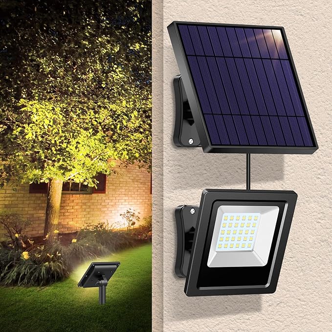 Solar Lights Outdoor Solar Flood Dusk to Dawn Lights 4400mAh 3000K Warm White Auto On/Off with 16.4Ft Cable IP65 Waterproof for Outside Front Door Barn Garden Garage Yard Patio Pool