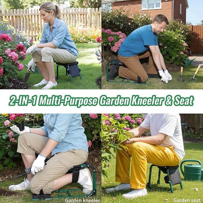 Garden Kneeler and Seat, Ergonomic 2-in-1 Foldable Knee Seat, Gardening Stool with Soft Adjustable Kneeling Pad, Gardening Gifts for Women Mom Men Seniors