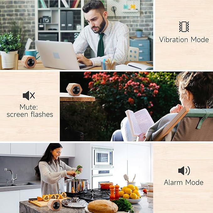 Productivity Timer 1, 5, 10, 30, 60 Minutes Preset, Desk Cube Timer with Gravity Sensor/Mute/Vibration for ADHD, Work, Study, Kitchen, Back to School (1, Wood Grain)