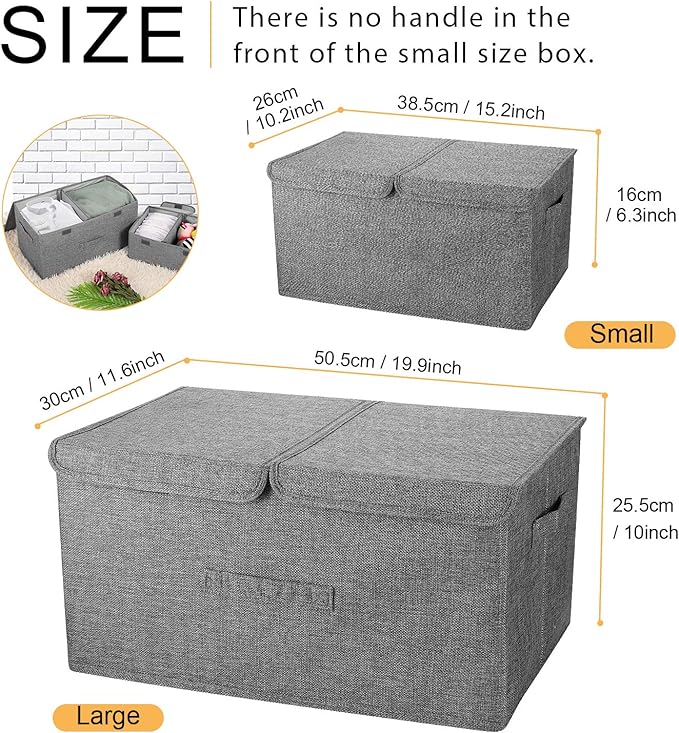 2 Pack Storage Boxes with Lids and Handles, Collapsible Linen Storage Bins Organizer Containers Baskets Cube with Removable Divider for Home Bedroom Closet Office (Green, Small)
