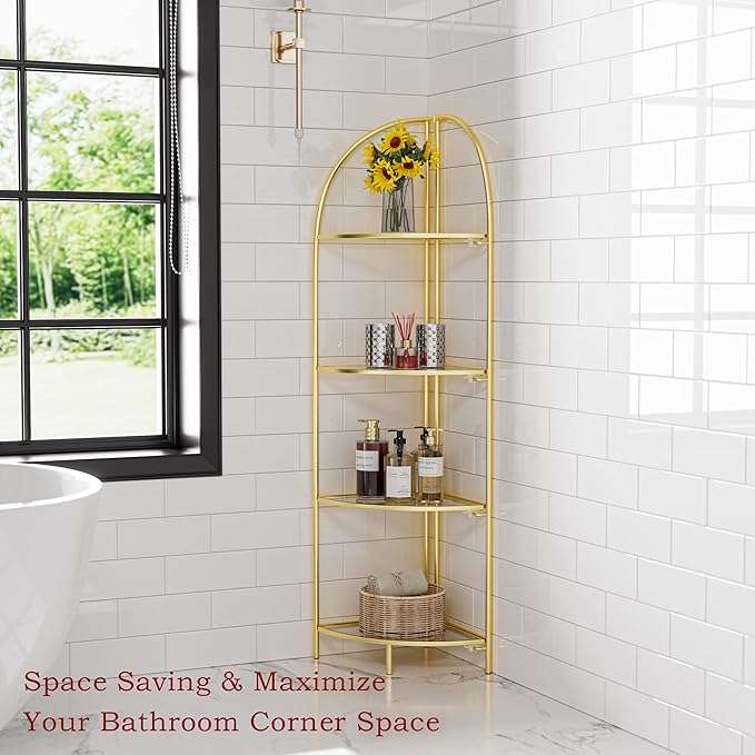 Crofy Foldable 4 Tier Corner Shelf, Metal Corner Plant Stand with Gold Frame and Transparent Shelves, Corner Display Rack Multipurpose Shelving Unit for Living Room, Bedroom, Bathroom