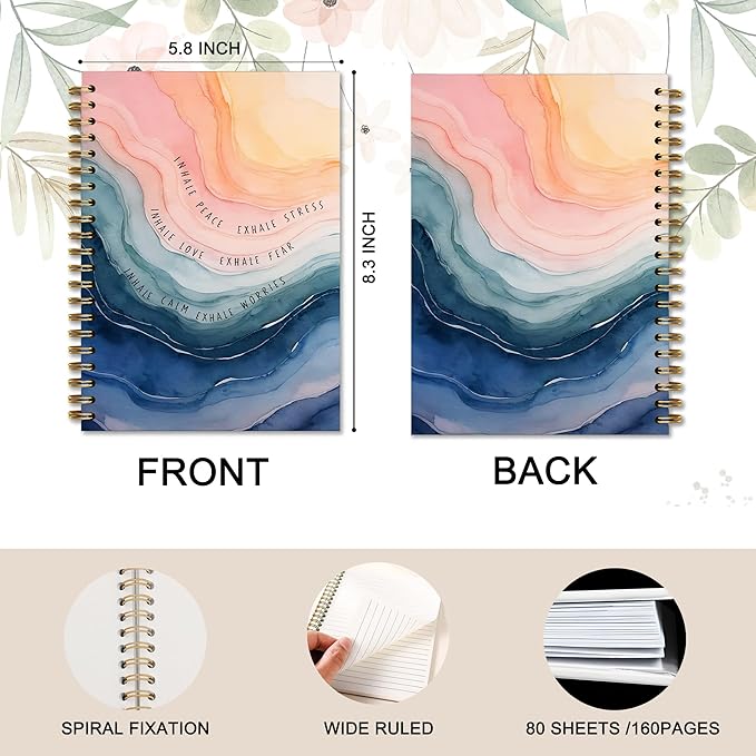 Mental Health Notebook, Inhale Exhale Meditation Watercolor Journal, Therapy Journal for Women Therapists Counselors, Inspirational Motivational Spiral Notebook, 5.5x8.3 Inch