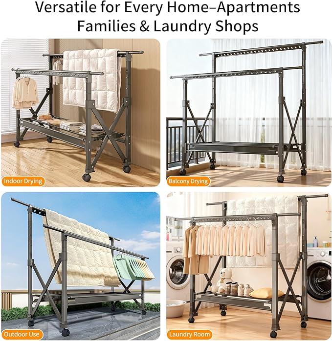 Heavy Duty Rolling Clothing Rack with Wheels, Portable Double Rod Metal Garment Rack, Clothes Drying Hanging Organizer for Closet, Laundry, Storage, Freestanding Adjustable Coat Hanger (Grey)