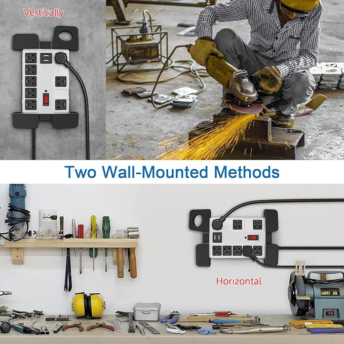 Heavy Duty Power Strip with USB, Workshop 8 Outlet Surge Protector 2700 Joules, Industrial Metal 15Amp Power Strip, 25 FT Extension Cord and Wide Spaced.