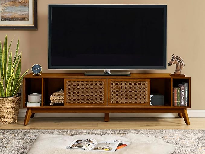 LKTART 68 Inch Mid Century Modern TV Stand with Rattan Doors, MCM Entertainment Center Media Console for 60/65/70/75 inch TVs, Long Boho Television Stand for Living Room, Light Walnut