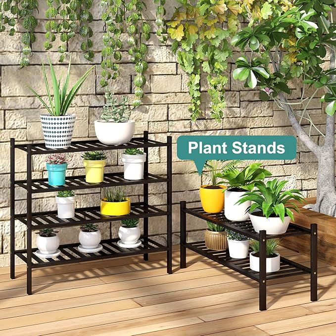 4-Tier Black Bamboo Shoe Rack for Entryway, Stackable | Foldable | Natural, Shoe Organizer for Hallway Closet, Free Standing Shoe Racks for Indoor Outdoor
