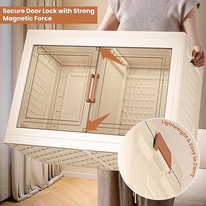 752QT/188Gal 4 Layers Stackable Storage Bins with Lid & Doors - Sensor Lights in Cabinets, Large Collapsible Container Box with 6 Wheels, Plastic Foldable Organizer for Home