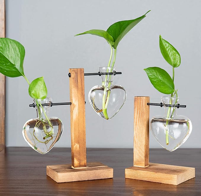 Kingbuy Hydroponic Glass Vase Vintage Desktop Plant Terrarium Planter Bulb Vase Water Planting Propagation Vase Planters Hydroponics Plants with Retro Wooden Stand Home Garden. (D(1 Heart Vase))