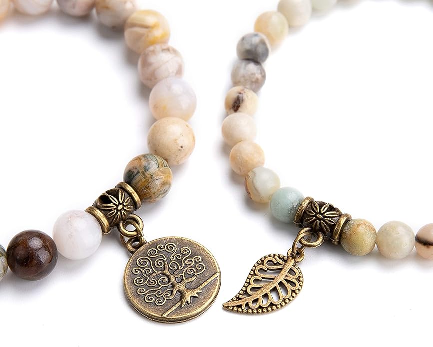 Bivei Natural Semi Precious Gemstone beads bracelet for women - Life Tree and Leaf Charm Energy Reiki Crystal Stretch Bracelets
