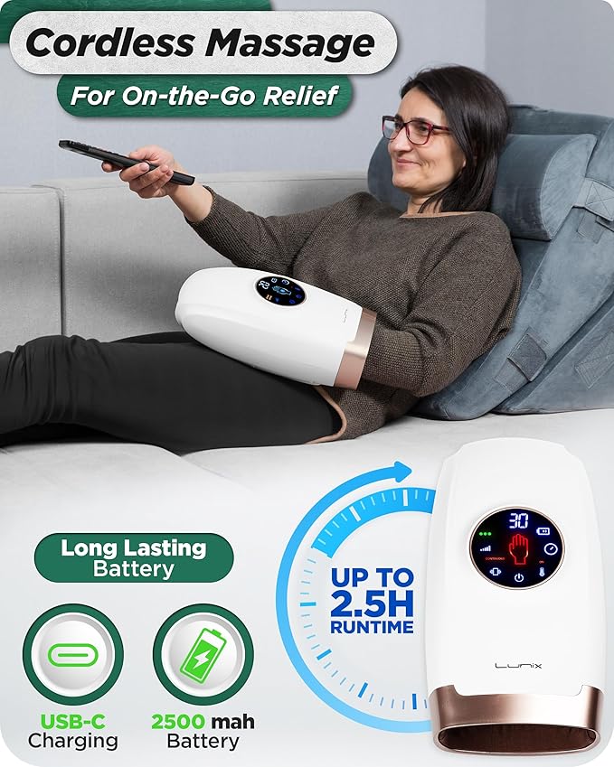 Lunix LX7 Electric Hand Massager with Heat and Compression, Pressure Point Therapy for Arthritis, Pain Relief and Carpal Tunnel, with Hand Warmer, White