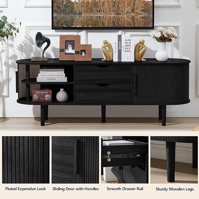 TV Stand, Media Console Table with Sliding Door and 2 Drawers, Modern Entertainment Center with Storage for Living Room, Bedroom, Home Office (Black with 2 Drawers)