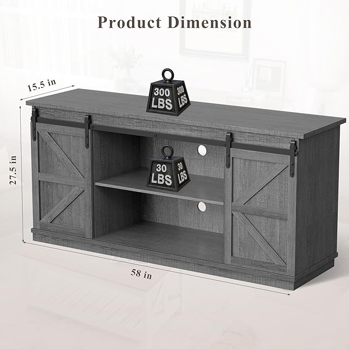 YESHOMY TV Stand for Televisions up to 65 Inches, with Sliding Barn Doors and Storage Cabinets, Console Table and Media Furniture for Living Room, 58 Inch, Gray