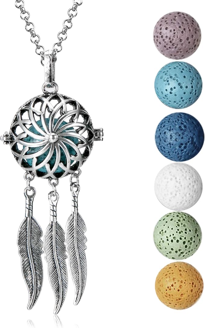 Wild Essentials Dream Catcher Essential Oil Diffuser Nickel Free Alloy Locket Pendant with 24 inch Chain, 6 Color Lava Stones, Customizable Color Changing Perfume Jewelry for Aromatherapy