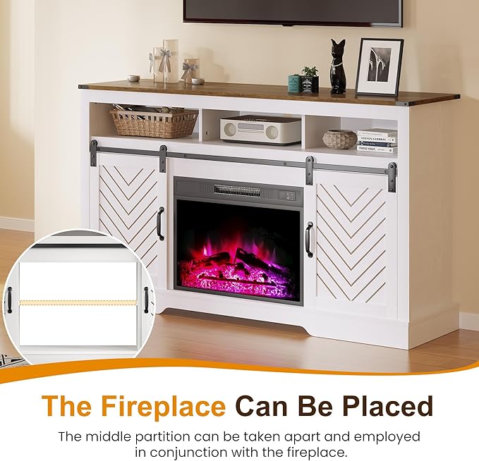 RoyalCraft Farmhouse Fireplace TV Stand for 65+ TV, Entertainment Center with 23" Electric Fireplace with Remote, 34" Tall Modern Rustic TV Console with Sliding Bar Door for Living Room, Antique White