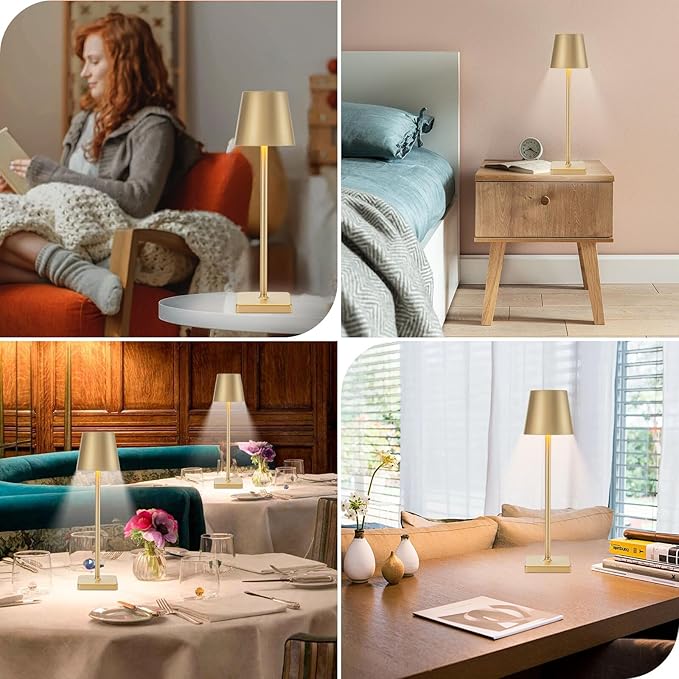 1 Pack Rechargeable Cordless Table Lamps, 5200mAh Battery Touch Table Light, Aluminum Shell Stepless Dimmable Portable LED Desk Lamp for Dinner/Restaurant/Outdoor Gold