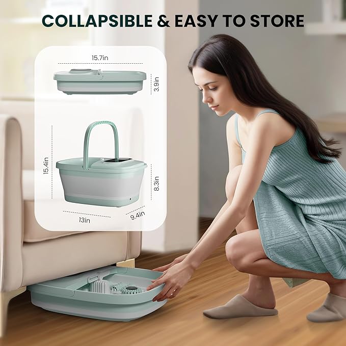 Snailax Collapsible Foot Spa with Heat, Foot Bath Massager with 8 Massage Rollers, Temperature Control, Bubbles, Pumice Stone, Foot Soaking Tub, Pedicure Foot Spa (Green)