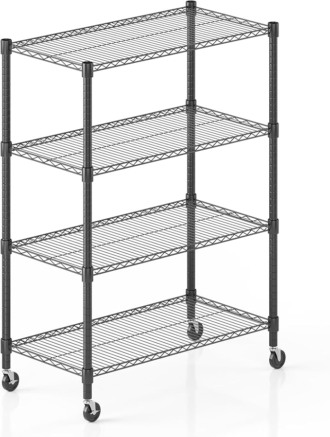 Himimi 18" D×36" W×72" H Storage Shelves with Wheels Metal Wire Shelving Unit 4 Tier Adjustable Shelving Heavy Duty Garage Shelf Organizer Rack Loads 1600LBS,Black