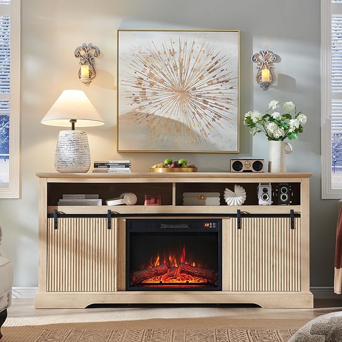 Fluted Fireplace TV Stand for TVs Up to 75 Inch, Modern Entertainment Center with Waveform Panel Sliding Door & Adjustable Shelves, Media Console for Living Room (Natural)