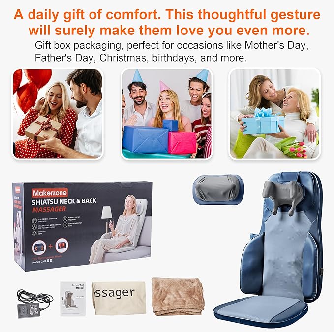 4D Shiatsu Neck Back Massage Cushion w/Heat for Pain Relief - Kneading Back Massager w/Vibration & Dual Necks Head for Relieves Muscle Stiffness from Long Sitting for Office Home Use, Blue