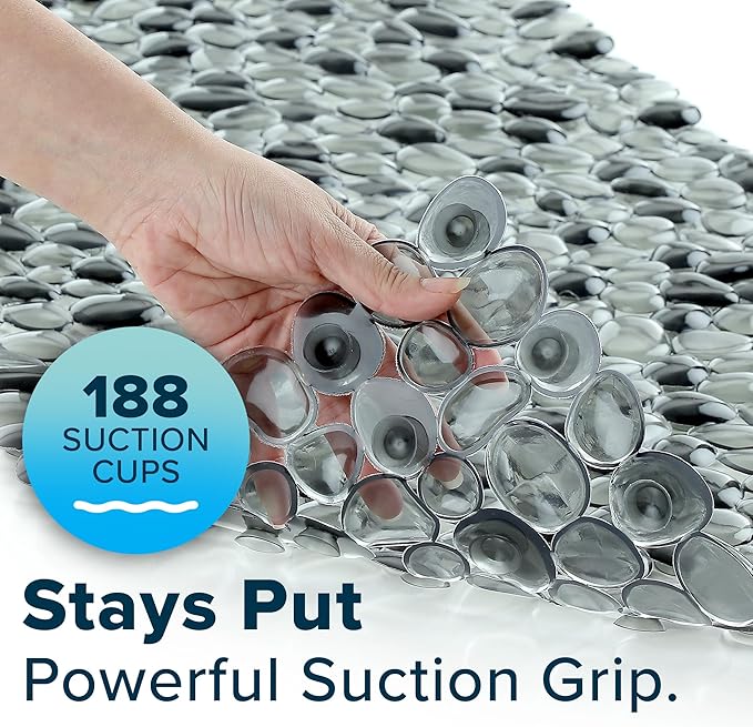 SlipX Solutions Non-Slip Pebble Bath Mat for Shower & Bathtub 38x17 | River Rock Look | Accupressure | Massage Bath Mats for Tub | 188 Suction Cups | Machine Washable, Dark Gray Pebbles